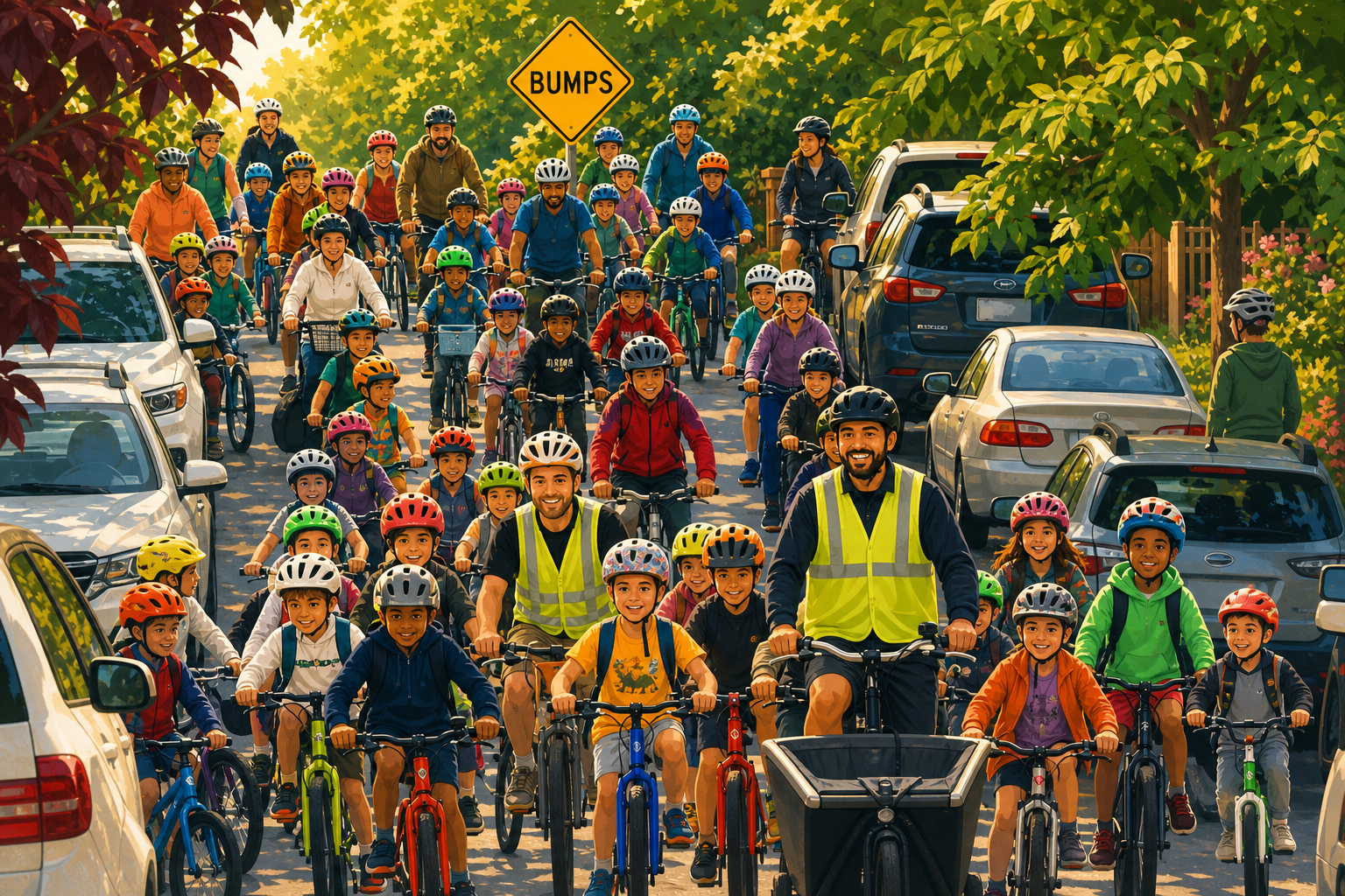 An illustration of a large group of children and adults riding bikes together on a neighborhood street.