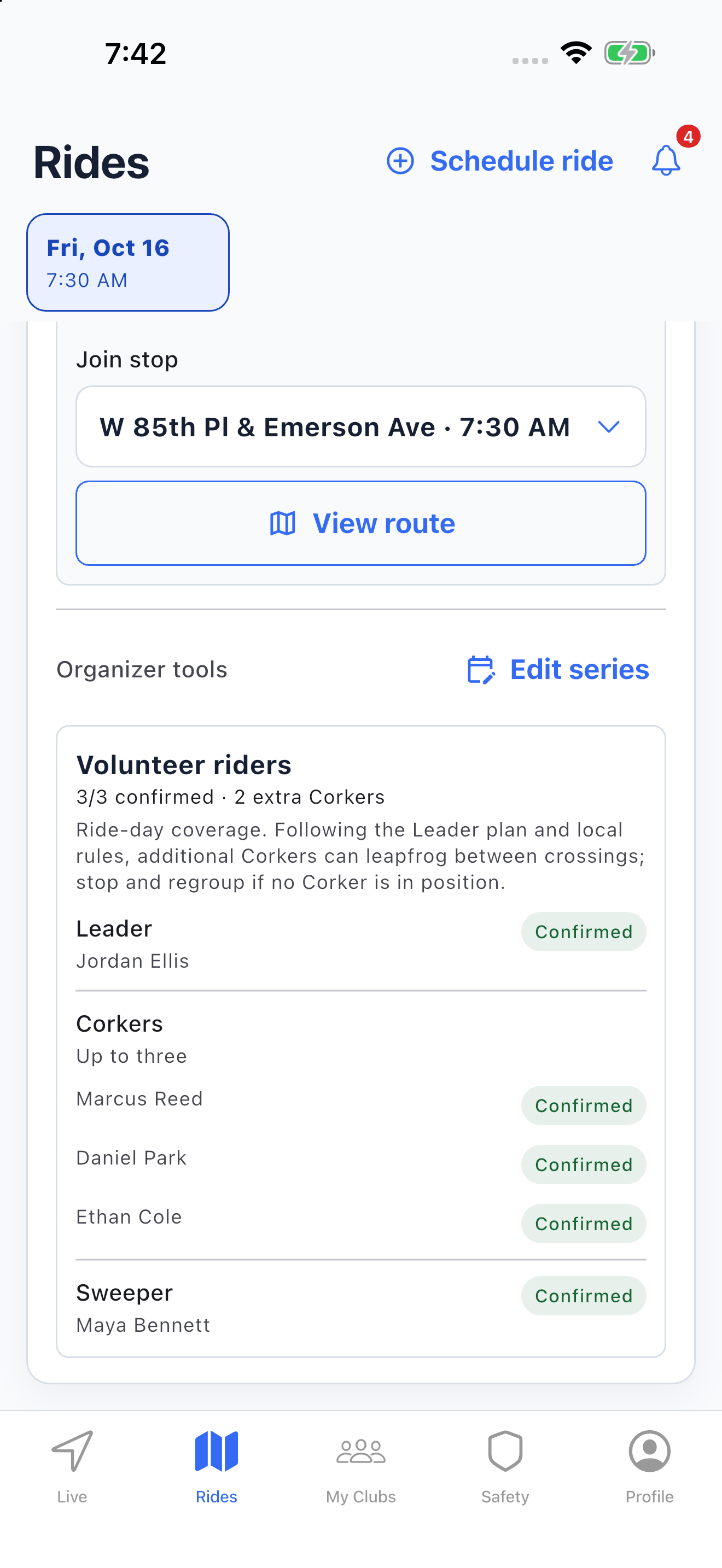 Native Rides volunteer coverage: all three required roles confirmed, with two extra Corkers.