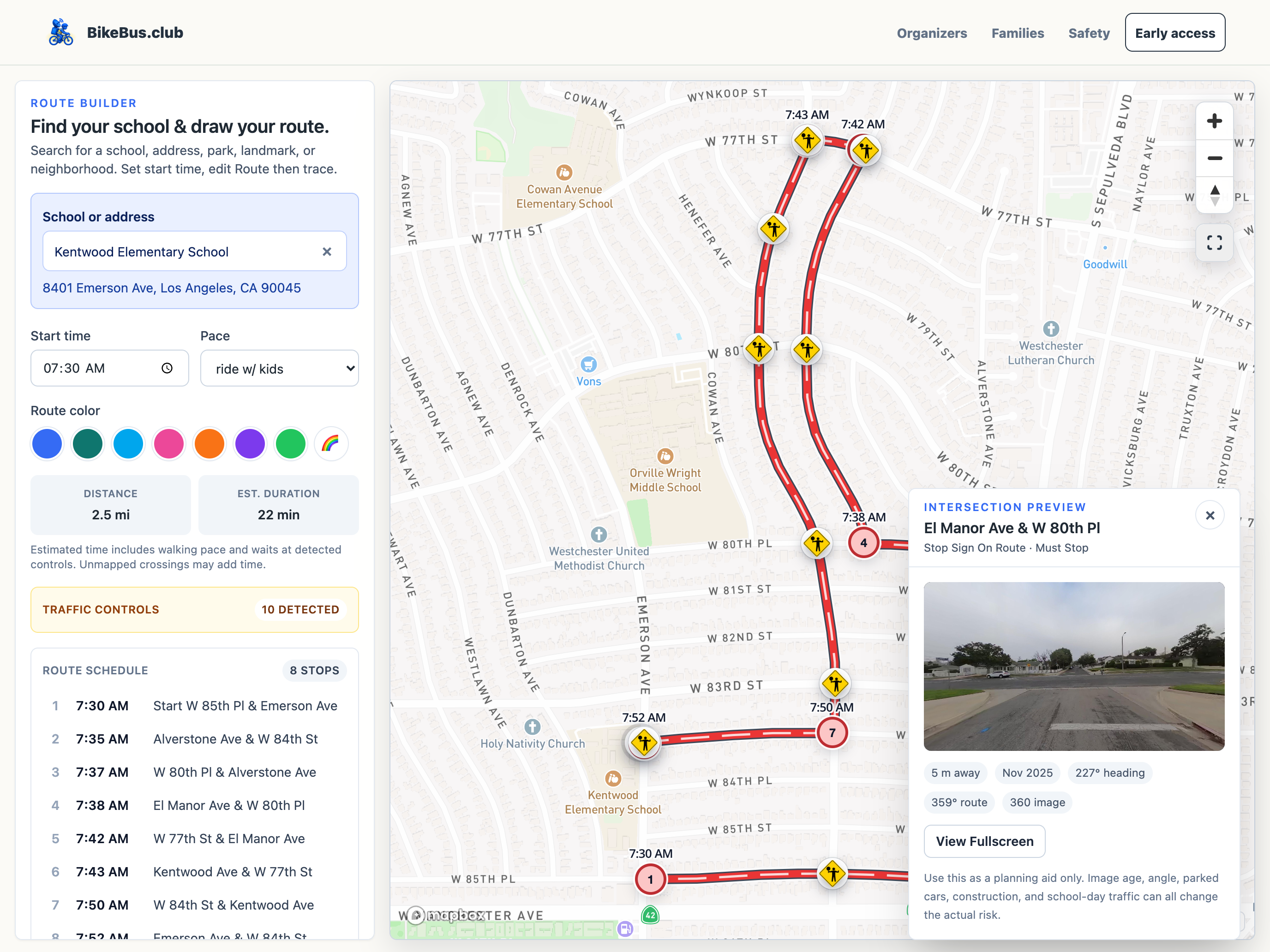 Route Builder on an iPad showing Kentwood Elementary’s Red Line in red, with eight numbered meeting stops and an expanded street-level preview at El Manor Avenue and W 80th Place.