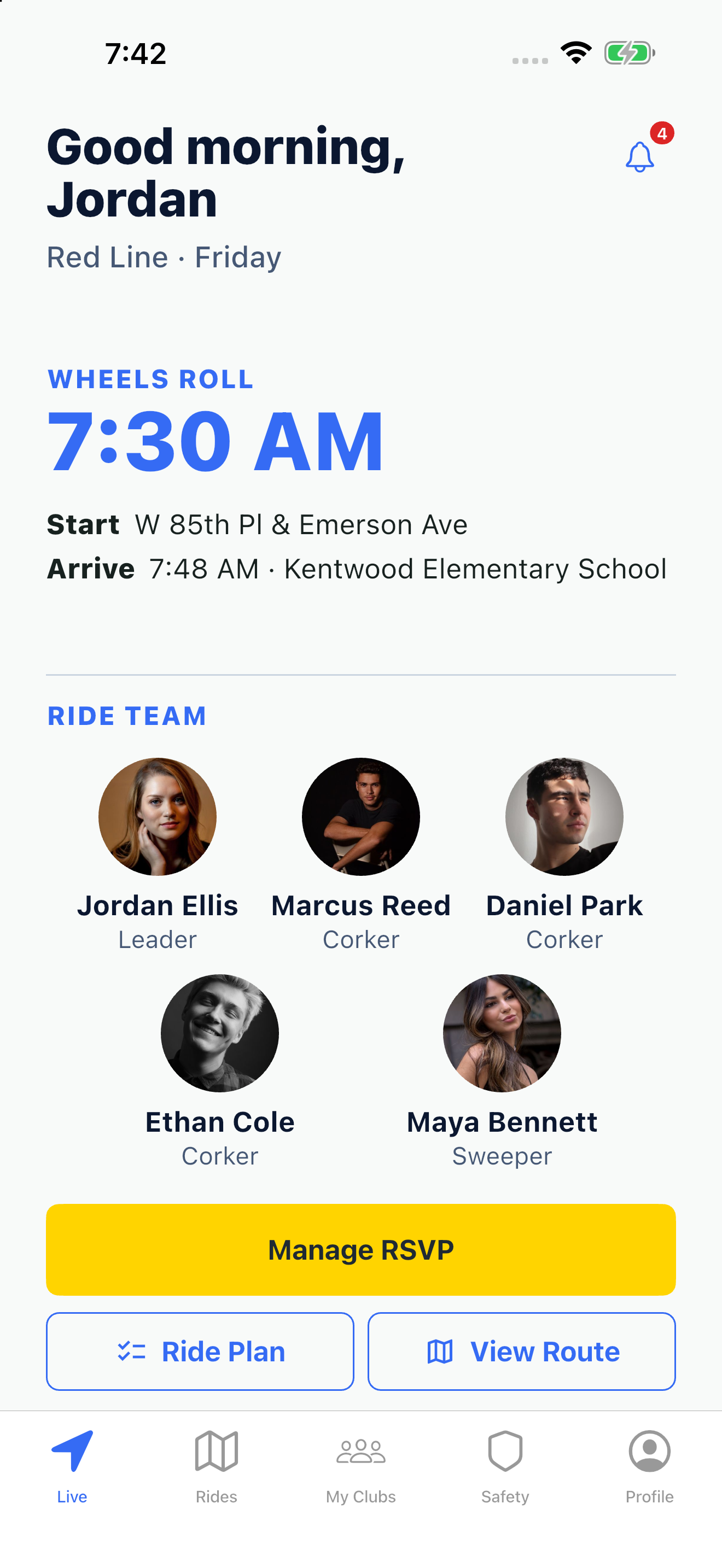 Kentwood Red Line leaves Friday at 7:30 AM from W 85th Pl and Emerson Ave, arriving at 7:48 AM. Jordan Ellis leads with Marcus Reed, Daniel Park, and Ethan Cole as Corkers and Maya Bennett as Sweeper.