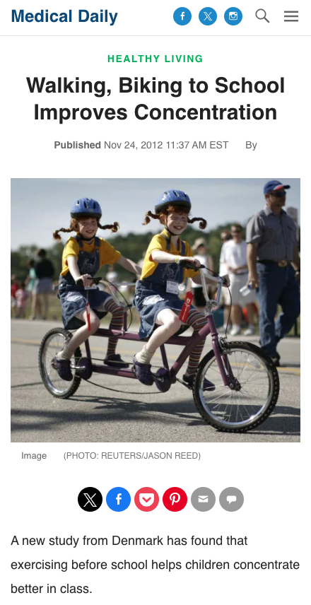 Medical Daily article: Walking, Biking to School Improves Concentration, published November 24, 2012, with a photograph of children cycling.