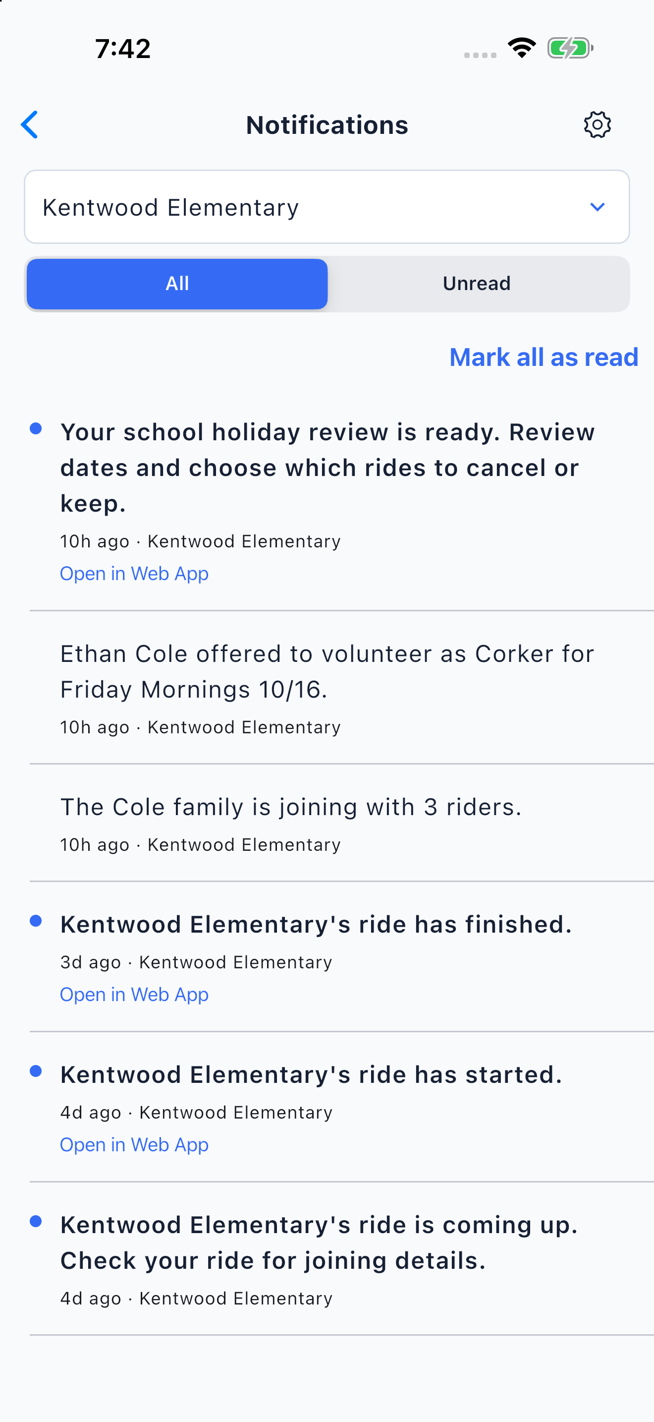Kentwood notifications for a school holiday review, Ethan Cole volunteering as Corker, the Cole family joining with three riders, and ride updates.