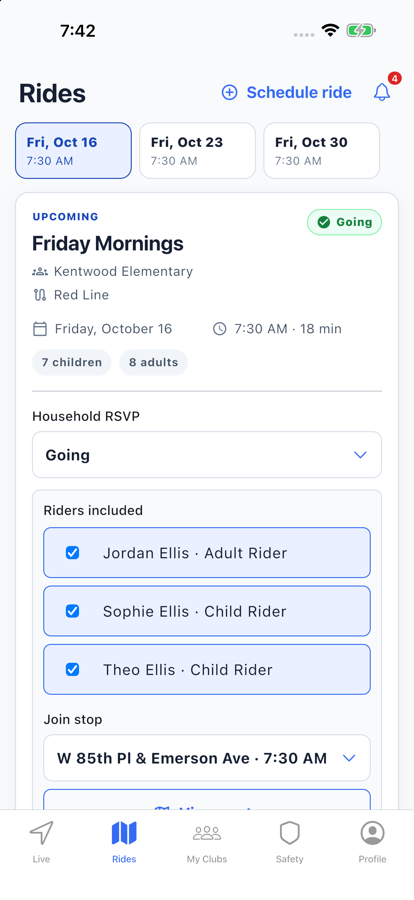 Native Rides view showing Kentwood Friday Mornings on October 16, 23 and 30 at 7:30 AM, with the Ellis household confirmed for October 16.
