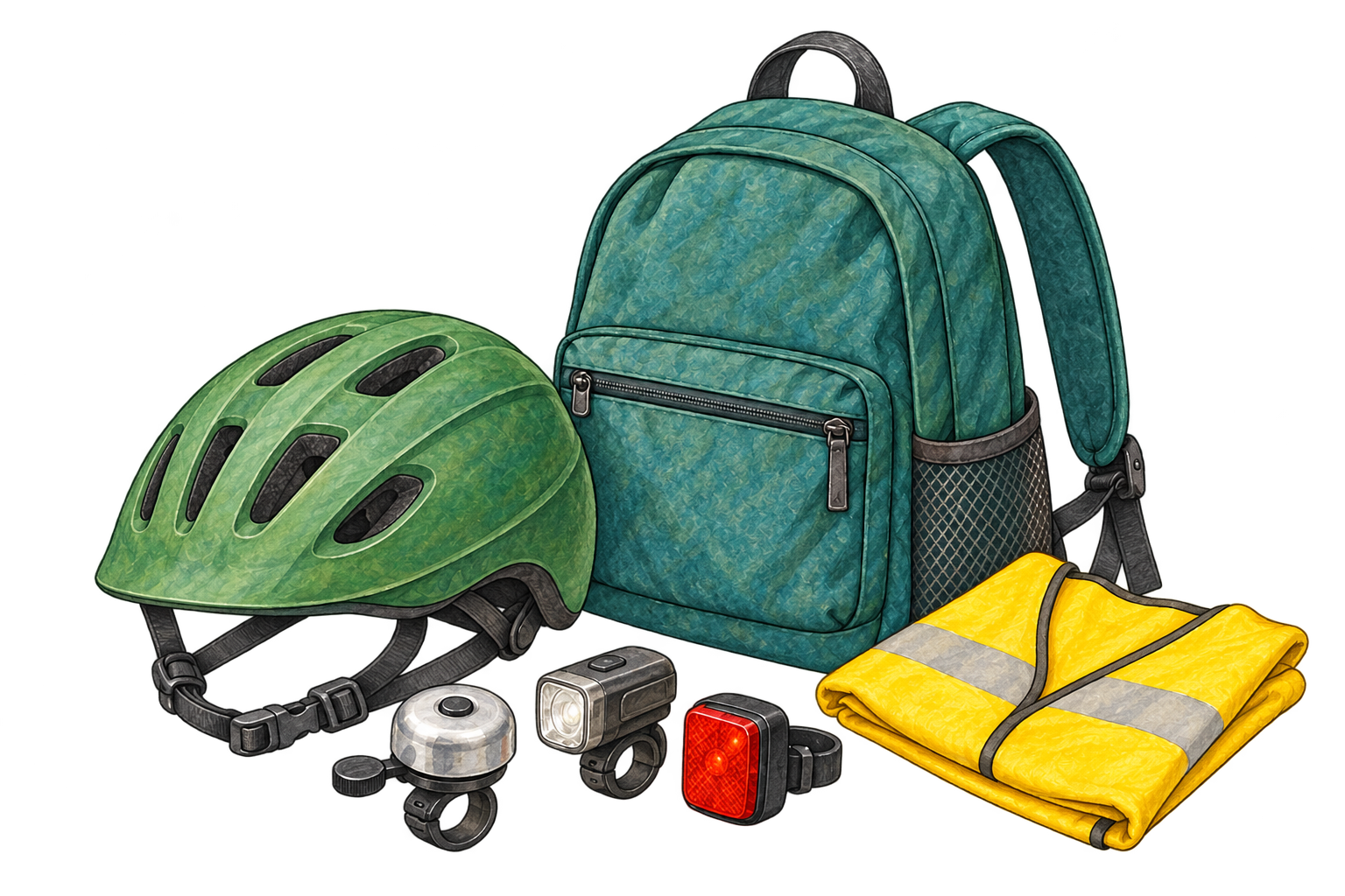 Watercolor helmet, backpack, bicycle lights, bell and folded reflective vest for a school ride.