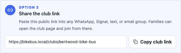 The app’s Share the club link panel, with a demo club URL and copy button.