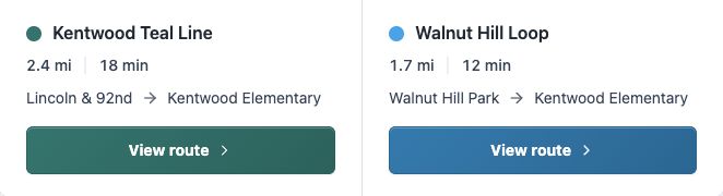 Two routes showing their names, travel times, starting points and school destination.
