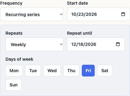 Recurring ride setup with weekly Friday rides from October 23 through December 18.